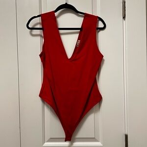 Free People Red V-Neck Bodysuit